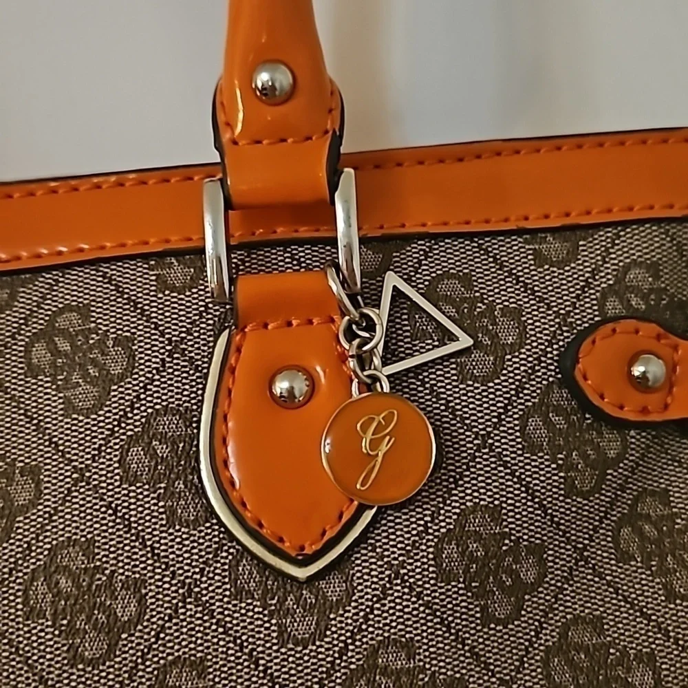 VTG GUESS 1990s Brown Orange Trim Logo Monogram Tote Bag
